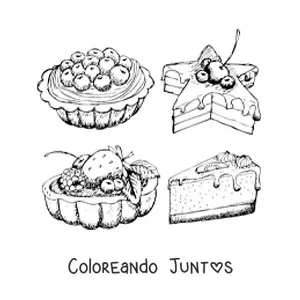Imagen para colorear de cuatro pasteles de distintas frutas