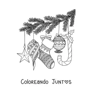 Imagen para colorear de rama del arbolito de Navidad con bambalinas y adornos