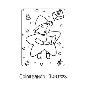 Imagen para colorear de niño disfrazado de estrella cantando villancicos en Navidad