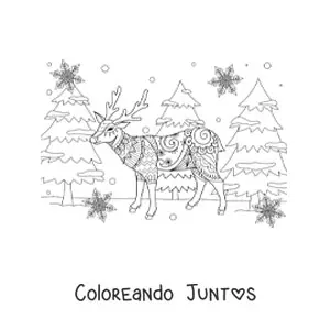 Imagen para colorear de ciervo navideño estilo zentangle con pinos