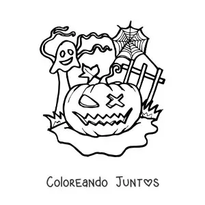 Imagen para colorear de calabaza de Halloween de miedo con fantasma y telarañas