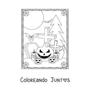 Imagen para colorear de calabazas de Halloween terroríficas con tumbas y murciélagos