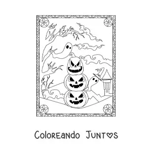 Imagen para colorear de calabazas de Halloween aterradoras con fantasmas