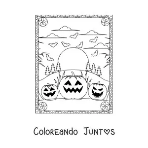 Imagen para colorear de calabazas de Halloween aterradoras con murciélagos