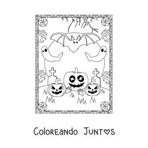 Imagen para colorear de mucielagos con fantasmas y calabazas terroríficas de Halloween