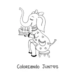 Imagen para colorear de un elefante animado con un pastel de cumpleaños