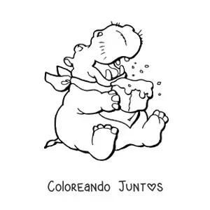 Imagen para colorear de un hipopótamo animado comiendo un pastel