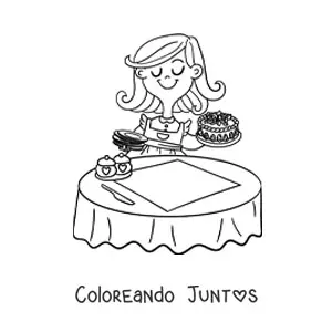 Imagen para colorear de una mamá colocando un pastel en una mesa