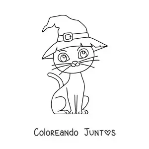 Imagen para colorear de gato de Halloween grande con sombrero de bruja
