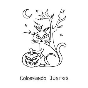 Imagen para colorear de gato animado con calabaza de Halloween