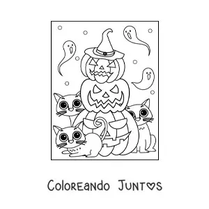 Imagen para colorear de gatitos kawaii con calabazas de Halloween