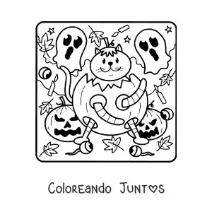 Imagen para colorear de caricatura de gato en una calabaza de Halloween con fantasmas