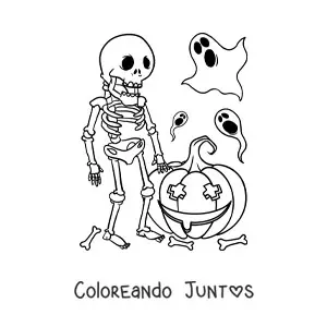 Imagen para colorear de esqueleto con fantasmas y calabaza de Halloween