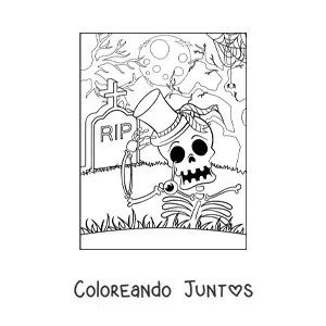 Imagen para colorear de esqueleto aterrador en su tumba en la noche de Halloween