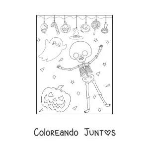 Imagen para colorear de esqueleto animado con fantasma en fiesta de Halloween