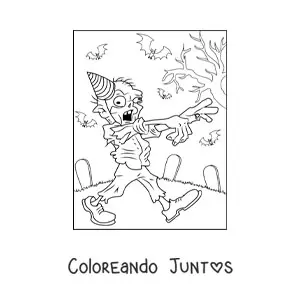 Imagen para colorear de zombie animado caminando con gorro de fiesta