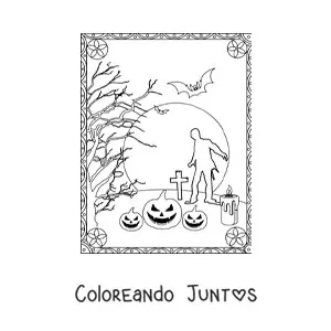 Imagen para colorear de silueta de un zombie caminando en un cementerio en Halloween