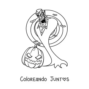 Imagen para colorear de conde Drácula con murciélagos y calabaza de Halloween