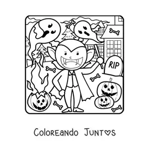 Imagen para colorear de vampiro kawaii en Halloween con fantasmas y calabazas