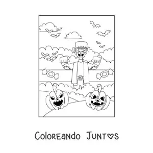 Imagen para colorear de Frankenstein animado kawaii con murciélagos y calabaza de Halloween