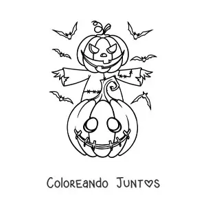 Imagen para colorear de espantapájaros con calabaza de Halloween y murciélagos