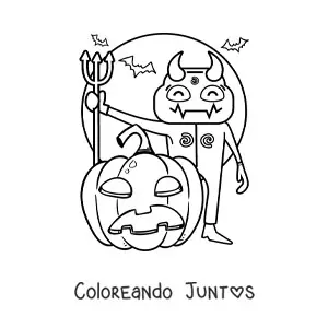 Imagen para colorear de diablo de Halloween aterrador con calabaza y murciélagos