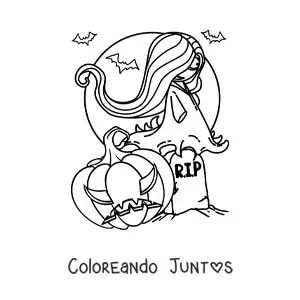 Imagen para colorear de fantasma de Halloween aterrador con calabaza y murciélagos
