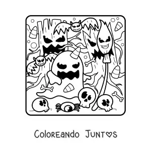Imagen para colorear de fantasma y árboles de Halloween