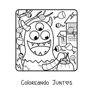 Imagen para colorear de monstruo animado con dulces de Halloween
