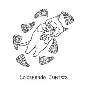 Imagen para colorear de un gato comiendo pizza rodeado de rebanadas de pizza