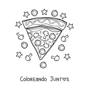Imagen para colorear de una rebanada de pizza rodeada de estrellas e ingredientes
