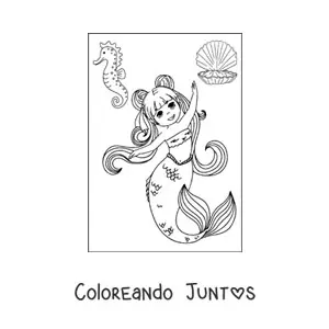 Imagen para colorear de sirena estilo anime bailando con caballito de mar