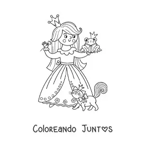 Imagen para colorear de princesa kawaii con mascota y príncipe convertido en sapo