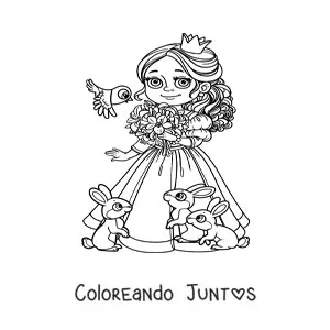 Imagen para colorear de princesa kawaii con mascotas y flores
