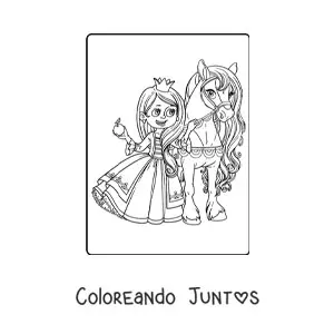 Imagen para colorear de princesa kawaii con manzana y pony