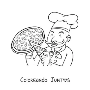 Imagen para colorear de un chef con una pizza sacando una rebanada