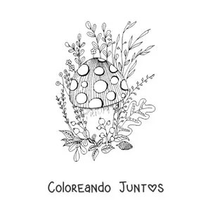 Imagen para colorear de hongo con flores y plantas