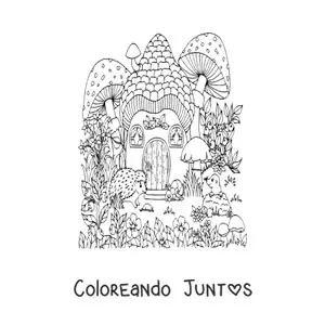 Imagen para colorear de puercoespín y animales del bosque mágico en casa con forma de hongo