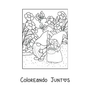 Imagen para colorear de pareja de gnomos recogiendo flores en el jardín