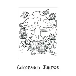 Imagen para colorear de pareja de gnomos leyendo bajo un hongo