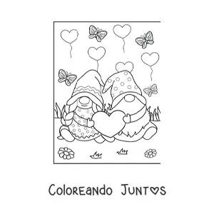 Imagen para colorear de pareja de gnomos enamorados en San Valentín