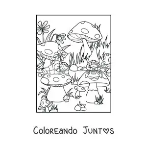 Imagen para colorear de pareja de gnomos sentados en hongos