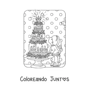 Imagen para colorear de gnomo kawaii con pastel de cumpleaños