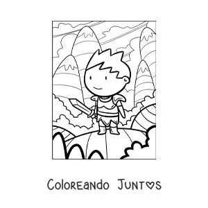 Imagen para colorear de caballero animado con espada en las montañas