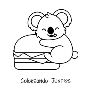 Imagen para colorear de un koala kawaii abrazando una hamburguesa gigante