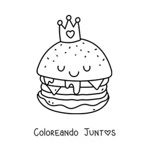 Imagen para colorear de una hamburguesa kawaii con queso derretido y una corona