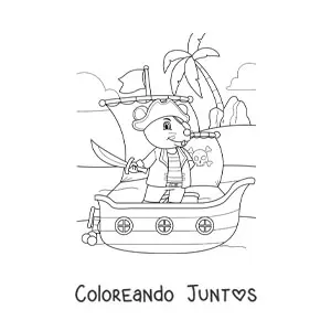 Imagen para colorear de ratón pirata animado en un barco llegando a la isla