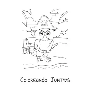 Imagen para colorear de búho pirata animado en la isla del tesoro