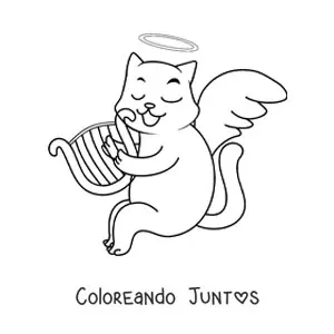 Imagen para colorear de gato ángel animado tocando el arpa