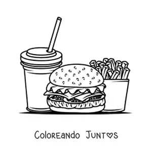 Imagen para colorear de una hamburguesa con refresco y papas fritas